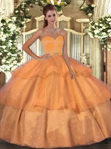 Comfortable Floor Length Lace Up Quinceanera Dresses Orange for Military Ball and Sweet 16 and Quinceanera with Beading and Ruffled Layers