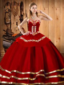 Attractive Wine Red Ball Gowns Embroidery Ball Gown Prom Dress Lace Up Organza Sleeveless Floor Length