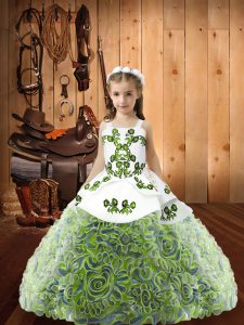 Trendy Multi-color Fabric With Rolling Flowers Lace Up Pageant Dress Womens Sleeveless Floor Length Embroidery and Ruffles