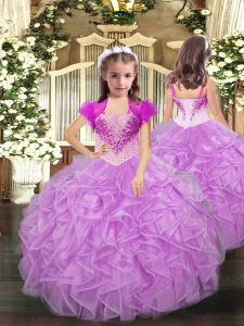 Lilac Child Pageant Dress Party and Sweet 16 and Quinceanera and Wedding Party with Beading and Ruffles Straps Sleeveless Lace Up