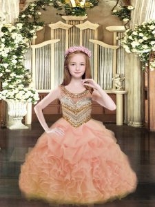 Orange Ball Gowns Organza Scoop Sleeveless Beading and Ruffles and Pick Ups Floor Length Lace Up Little Girl Pageant Dress