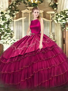Super Embroidery and Ruffled Layers Sweet 16 Quinceanera Dress Fuchsia Clasp Handle Sleeveless Floor Length