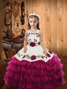 Fuchsia Ball Gowns Straps Sleeveless Organza Floor Length Lace Up Embroidery and Ruffled Layers Kids Formal Wear