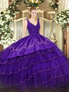 Purple Ball Gowns Organza and Taffeta V-neck Sleeveless Beading and Lace and Embroidery and Ruffled Layers Floor Length Backless Quinceanera Gown