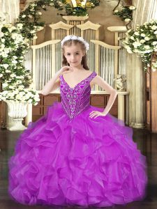 Stunning Sleeveless Organza Floor Length Lace Up Little Girl Pageant Dress in Purple with Beading and Ruffles