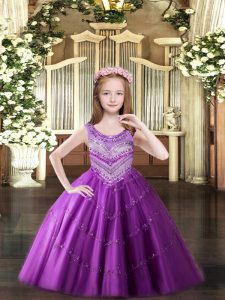 Lilac Lace Up Girls Pageant Dresses Beading Sleeveless Floor Length