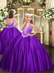 V-neck Sleeveless Pageant Dress Wholesale Floor Length Beading Purple Satin