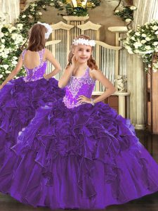 Amazing Purple Sleeveless Floor Length Beading and Ruffles Lace Up Pageant Dress for Womens