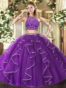 High-neck Sleeveless Zipper Quinceanera Dresses Purple Tulle