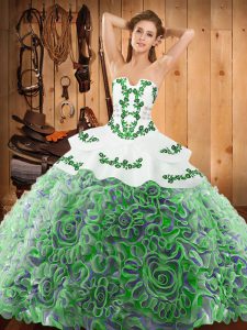 Multi-color Sleeveless Satin and Fabric With Rolling Flowers Sweep Train Lace Up Sweet 16 Dresses for Military Ball and Sweet 16 and Quinceanera