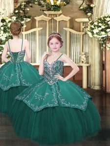 Dark Green Sleeveless Floor Length Beading and Embroidery Lace Up High School Pageant Dress