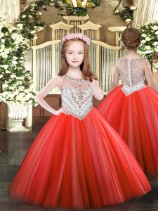 Popular Sleeveless Tulle Floor Length Zipper Winning Pageant Gowns in Coral Red with Beading