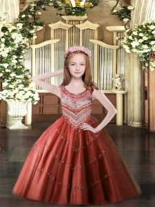 Wine Red Tulle Lace Up Little Girl Pageant Dress Sleeveless Floor Length Beading