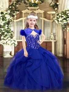 Royal Blue Straps Lace Up Beading and Ruffles Little Girl Pageant Gowns Sleeveless