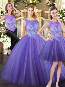 Scoop Sleeveless Zipper Quinceanera Gowns Lavender Tulle