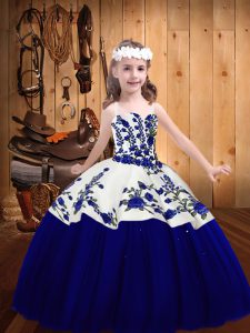 Fantastic Sleeveless Floor Length Embroidery Lace Up Child Pageant Dress with Royal Blue