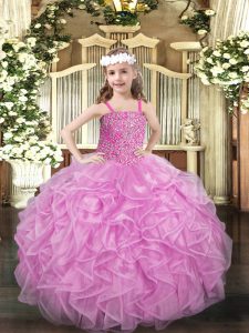 Rose Pink Lace Up Straps Beading and Ruffles Kids Formal Wear Organza Sleeveless