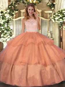 Organza Scoop Sleeveless Clasp Handle Lace and Ruffled Layers Vestidos de Quinceanera in Orange