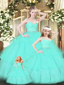 Popular Apple Green Sleeveless Floor Length Lace and Ruffled Layers Zipper Quinceanera Dress