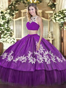 Decent Purple Tulle Backless High-neck Sleeveless Floor Length Vestidos de Quinceanera Beading and Appliques and Ruffles