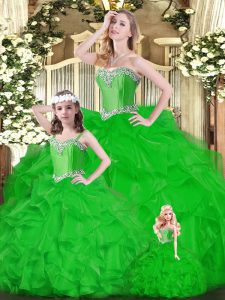 Designer Organza Sweetheart Sleeveless Lace Up Ruffles Quince Ball Gowns in Green