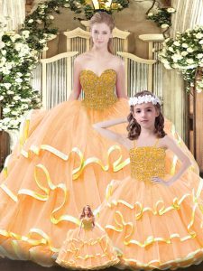 Glamorous Orange Ball Gowns Sweetheart Sleeveless Organza Floor Length Lace Up Beading and Ruffled Layers Quinceanera Dress