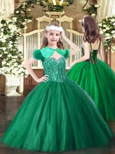 Floor Length Lace Up Pageant Gowns For Girls Dark Green for Party and Quinceanera with Beading