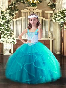 Floor Length Ball Gowns Sleeveless Aqua Blue Pageant Gowns For Girls Lace Up