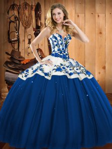 Blue Satin and Tulle Lace Up Quinceanera Dress Sleeveless Floor Length Embroidery