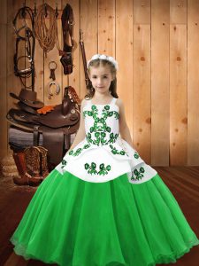 Custom Designed Green Lace Up Straps Embroidery Kids Pageant Dress Organza Sleeveless
