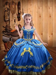 Satin Straps Sleeveless Lace Up Beading and Embroidery Little Girls Pageant Dress Wholesale in Blue
