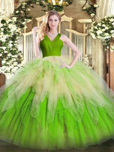 Multi-color Zipper V-neck Ruffles Sweet 16 Dresses Organza Sleeveless