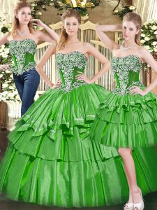 Green Ball Gowns Tulle Strapless Sleeveless Beading and Ruffled Layers Floor Length Lace Up Quinceanera Dresses