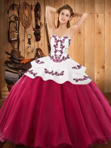 Clearance Floor Length Lace Up Ball Gown Prom Dress Hot Pink for Military Ball and Sweet 16 and Quinceanera with Embroidery