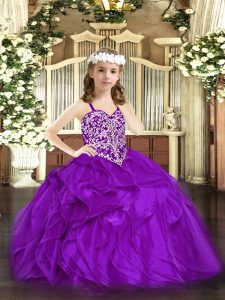 Gorgeous Purple Organza Lace Up Kids Pageant Dress Sleeveless Floor Length Beading and Ruffles