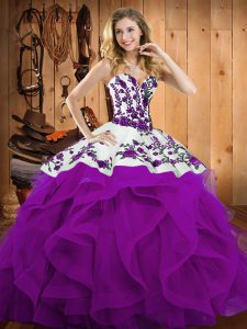 Sweetheart Sleeveless Quinceanera Gowns Floor Length Embroidery and Ruffles Eggplant Purple Satin and Organza