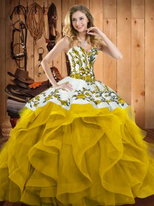Pretty Yellow Sleeveless Floor Length Embroidery and Ruffles Lace Up Sweet 16 Quinceanera Dress