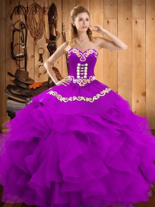 Glittering Floor Length Lace Up 15th Birthday Dress Eggplant Purple for Military Ball and Sweet 16 and Quinceanera with Embroidery and Ruffles