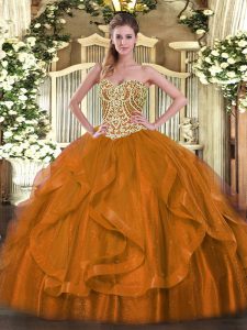 Noble Beading and Ruffles Vestidos de Quinceanera Rust Red Lace Up Sleeveless Floor Length