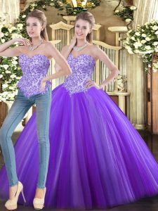 Glittering Floor Length Eggplant Purple Ball Gown Prom Dress Tulle Sleeveless Beading