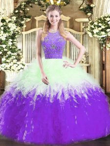 New Arrival Multi-color Ball Gowns Halter Top Sleeveless Tulle Floor Length Zipper Beading and Ruffles 15th Birthday Dress