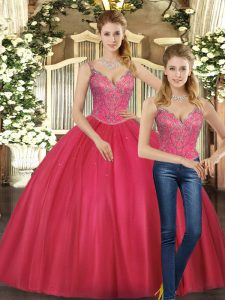 Hot Pink Straps Lace Up Beading Quinceanera Gown Sleeveless