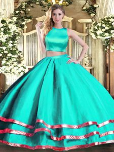 Floor Length Turquoise Quince Ball Gowns Tulle Sleeveless Ruching