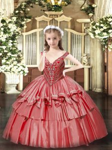 Floor Length Lace Up Kids Pageant Dress Coral Red for Party and Quinceanera with Beading and Ruffled Layers