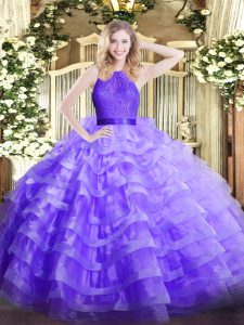 Scoop Sleeveless Quince Ball Gowns Floor Length Ruffled Layers Lavender Organza