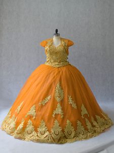 Popular Gold 15 Quinceanera Dress Tulle Court Train Sleeveless Appliques