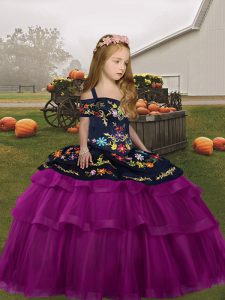 Fuchsia Long Sleeves Floor Length Embroidery Lace Up Little Girl Pageant Gowns