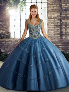 Straps Sleeveless Lace Up Quinceanera Dress Blue Tulle