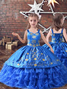 Dramatic Floor Length Ball Gowns Sleeveless Royal Blue Little Girls Pageant Dress Lace Up