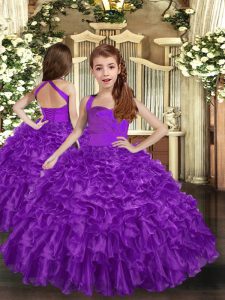 Elegant Purple Organza Lace Up Straps Sleeveless Floor Length Little Girl Pageant Gowns Ruffles